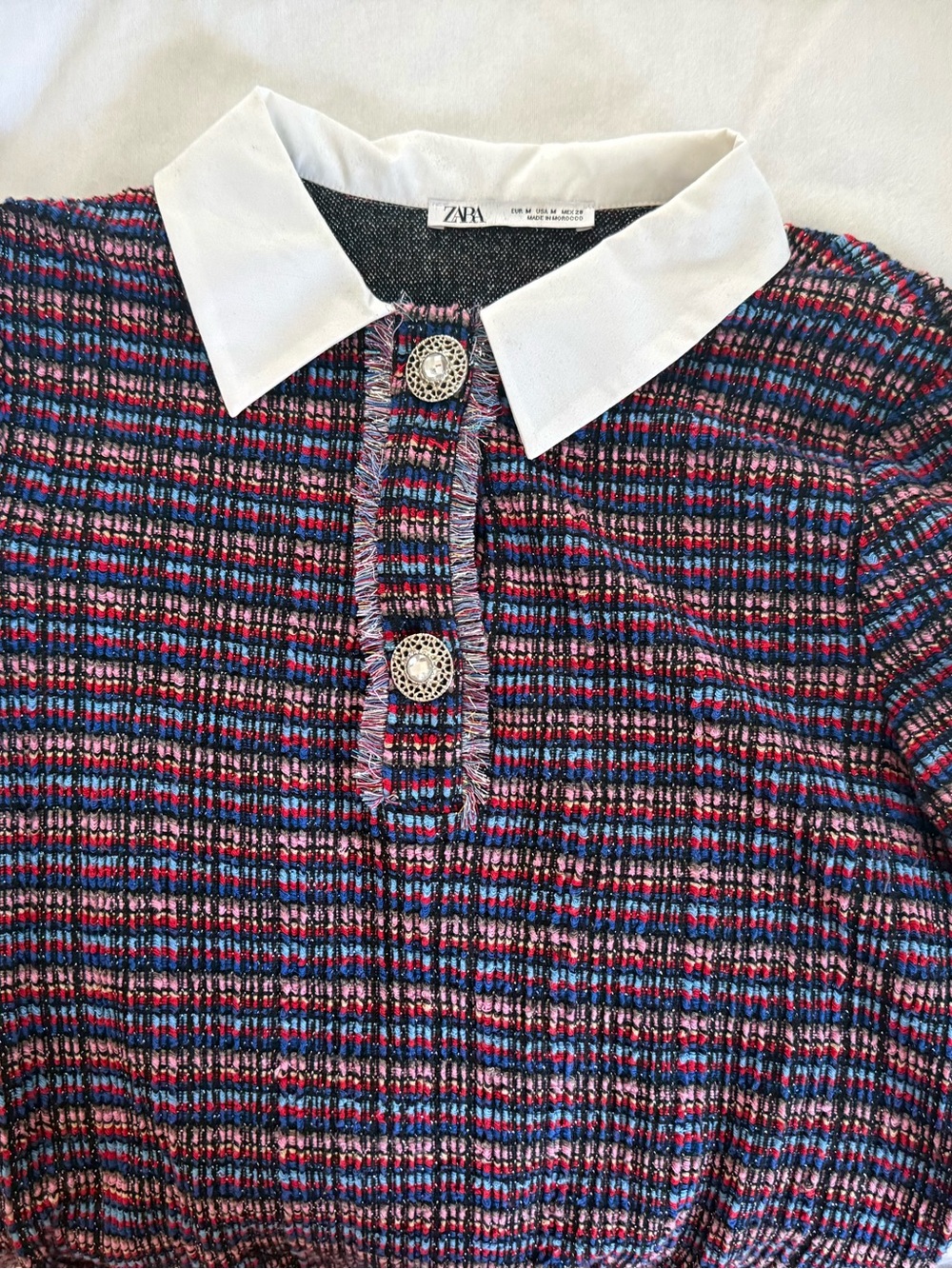 Zara White-Collar Tweed Knit Top with Pink & Blue Details